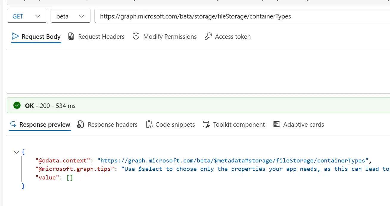The same Graph Explorer request now returning OK 200 in 534 milliseconds, with a response preview showing an empty value array for containerTypes.