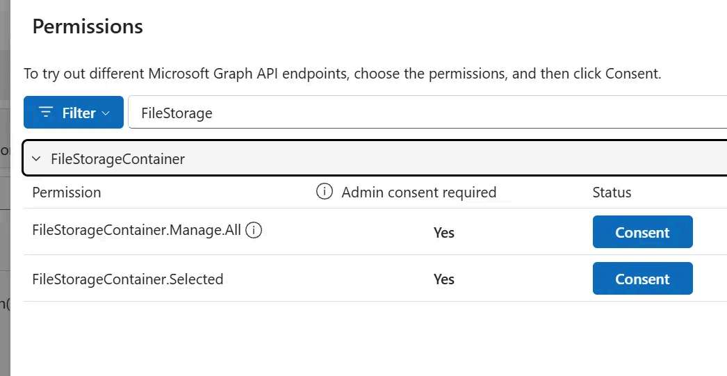 The Graph Explorer permissions panel filtered to FileStorage, showing FileStorageContainer.Manage.All and FileStorageContainer.Selected, both marked as requiring admin consent.