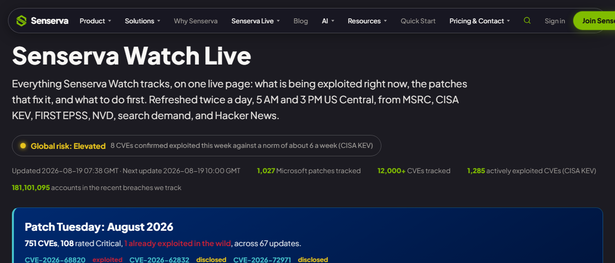 Senserva Watch Live, showing tracked patch counts, the August 2026 Patch Tuesday summary, and the do-this-first list of actively exploited vulnerabilities.
