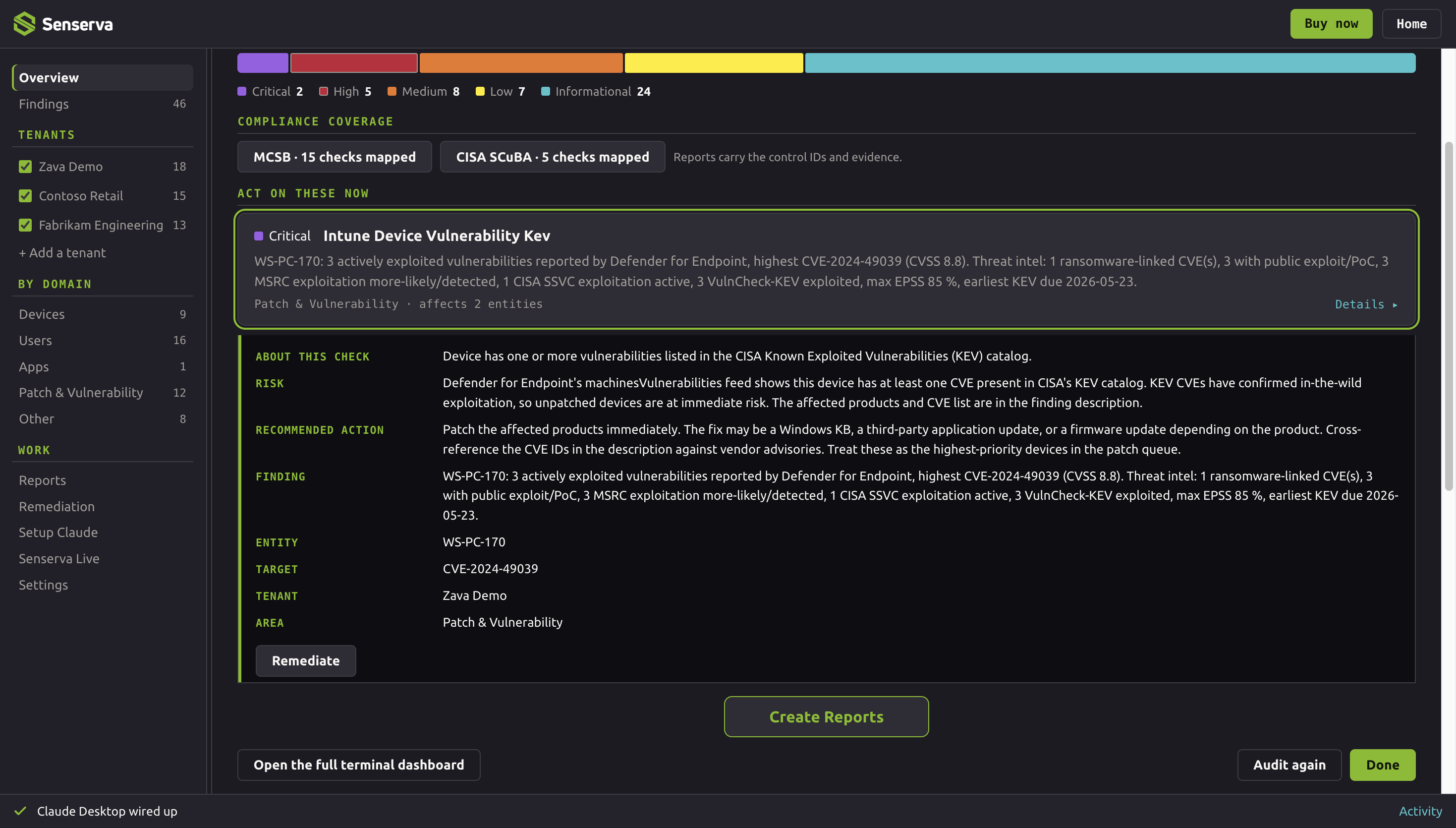 A Senserva finding opened in detail: about this check, risk, recommended action, entity, target, tenant and a Remediate button