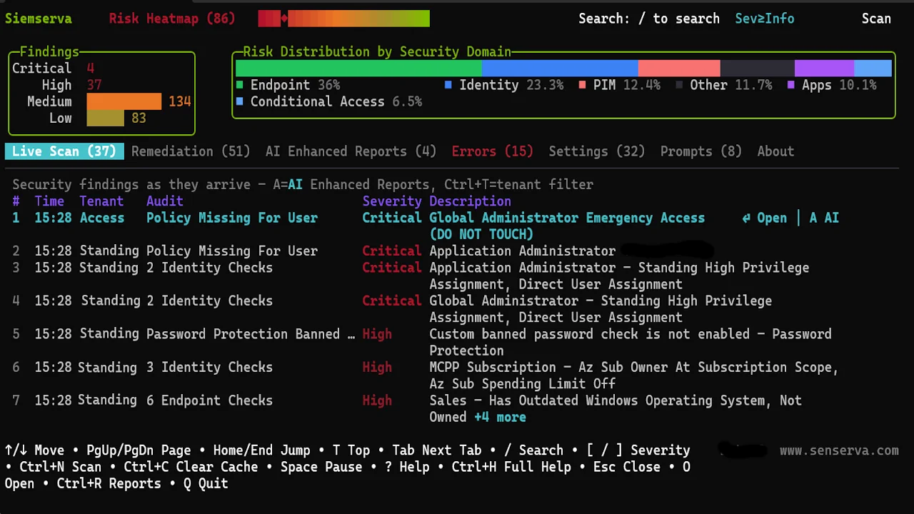 Siemserva live dashboard with findings sorted by severity and compliance filters