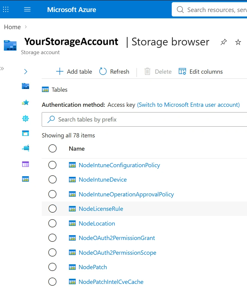 The Azure portal storage browser listing the Senserva tables in a storage account, 78 tables such as NodeIntuneDevice, NodePatch and NodeOAuth2PermissionGrant, with Access key or Microsoft Entra sign-in as the authentication method