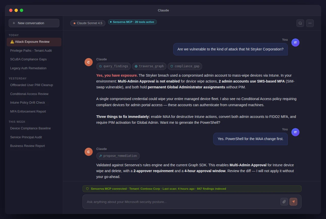 Claude Desktop answering a Microsoft 365 and Entra ID security question using the Senserva MCP server