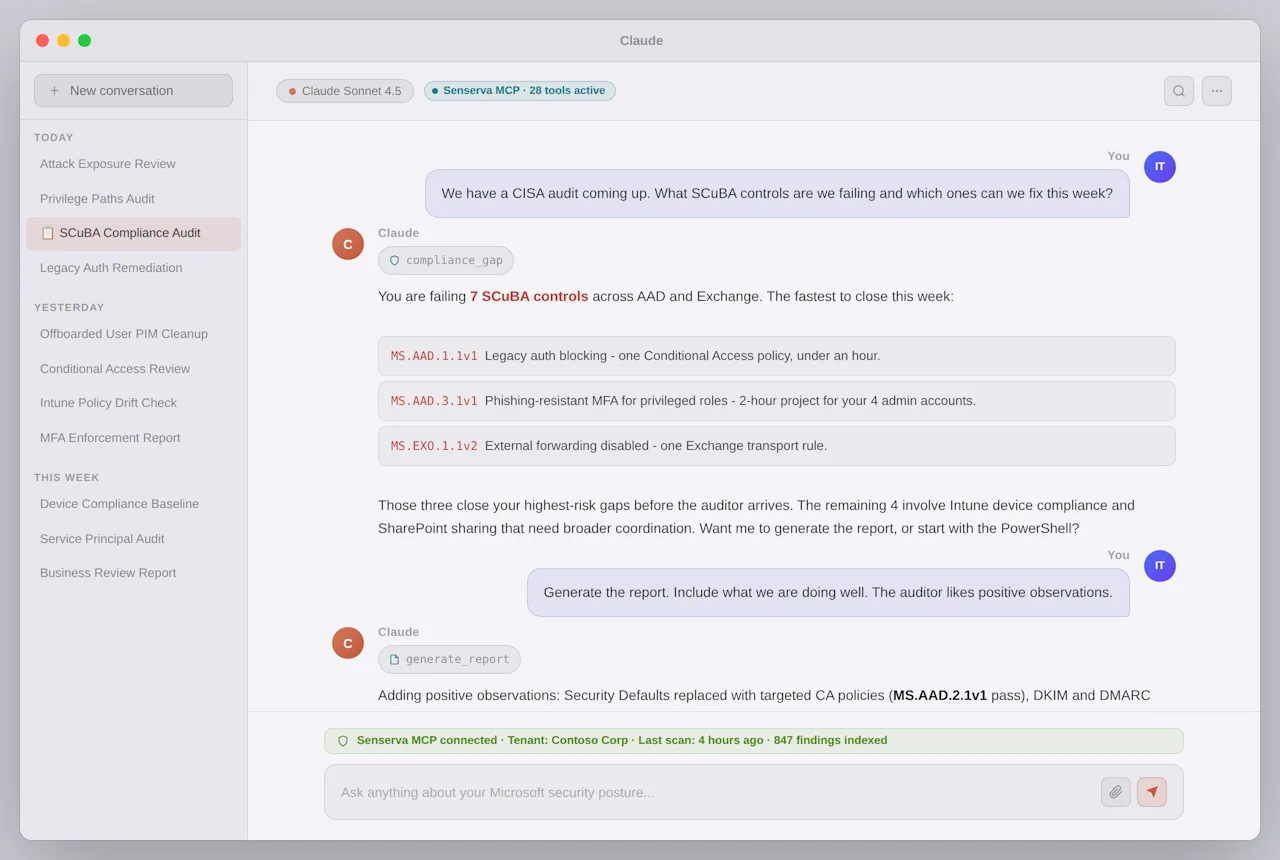A Senserva compliance audit run from Claude across a client tenant.