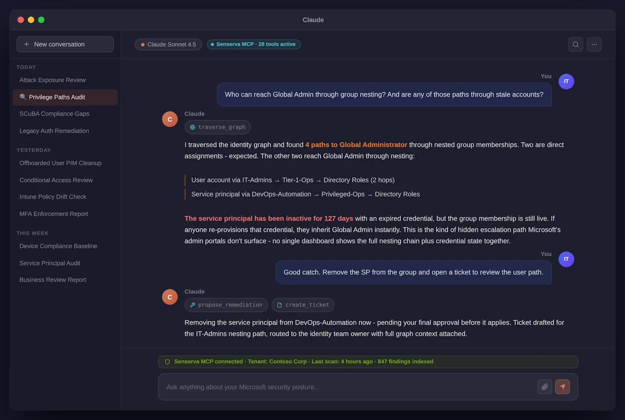 Claude Desktop walking privilege paths in a Siemserva Microsoft 365 and Entra ID scan over MCP