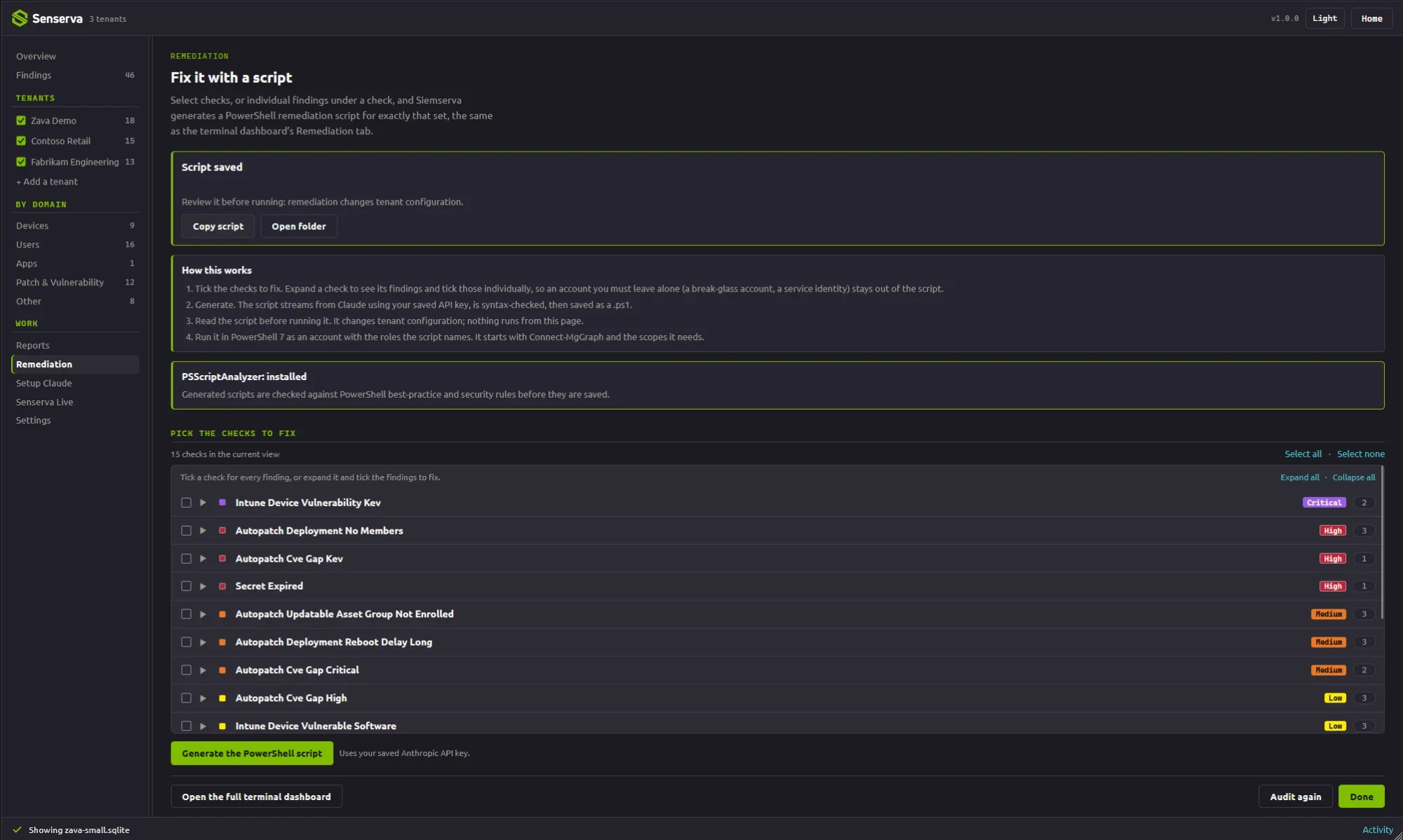 The Senserva Remediation page, Fix it with a script: a saved script with Copy script and Open folder, the four-step How this works panel, PSScriptAnalyzer installed, and the list of checks to fix across three tenants with a Generate the PowerShell script button