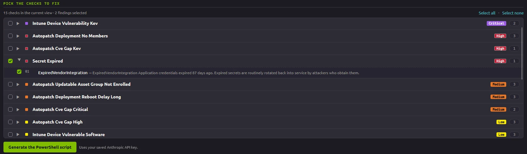 Pick the checks to fix: the Secret Expired check expanded with its one finding, ExpiredVendorIntegration, ticked, beside unticked checks ranked Critical, High, Medium and Low, and the Generate the PowerShell script button