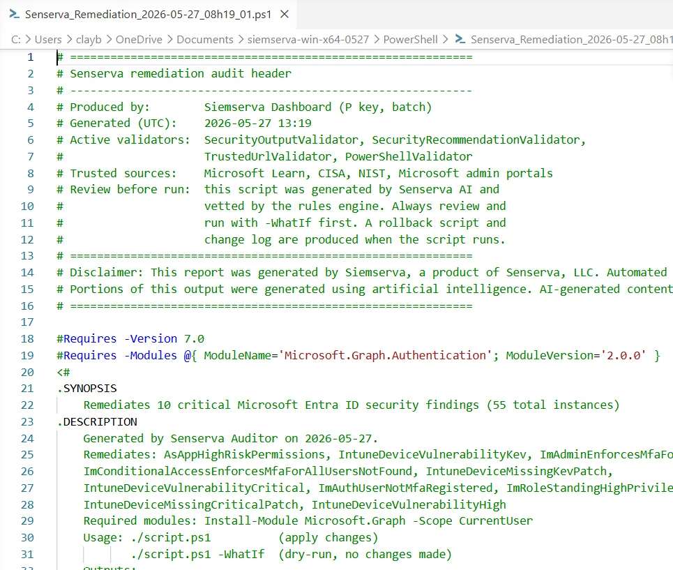 A ready-to-run remediation script generated by Senserva